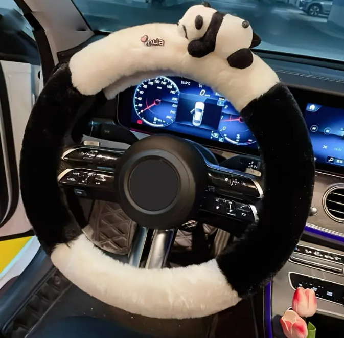 Cute Panda Cartoon Plush Steering Wheel Cover 15 in – 38cm – Cute Car Accessory