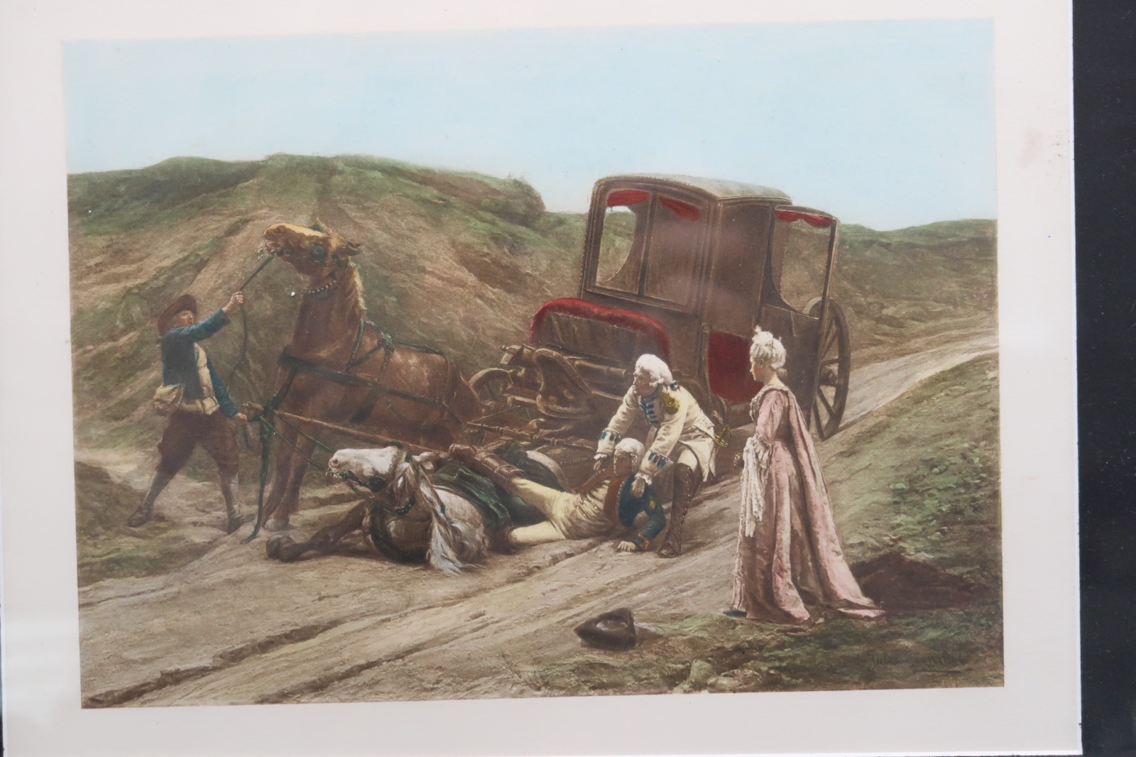 Antique Framed Matted Jules Girardet Print A Party Left Horse Carriage Accident