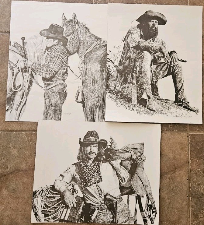 Lot of (3) LOUIE REYNOLDS Cowboy Pencil Lithograph 1xLtd Signed 20×16