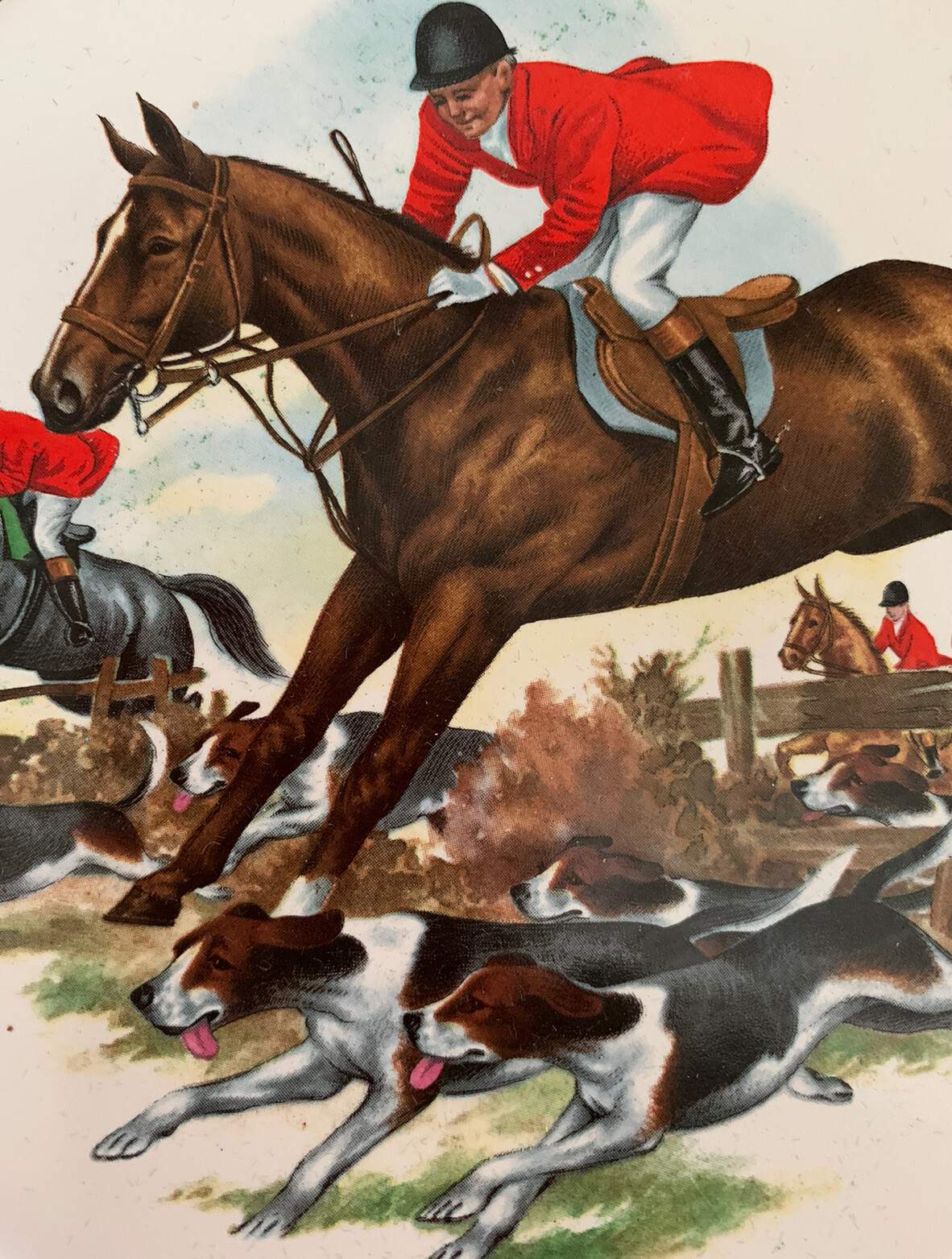 VINTAGE PICTURE HORSE /HOUNDS HUNTING GLAZED TILE CERAMIC FRAMED 24cm 1960s VGC