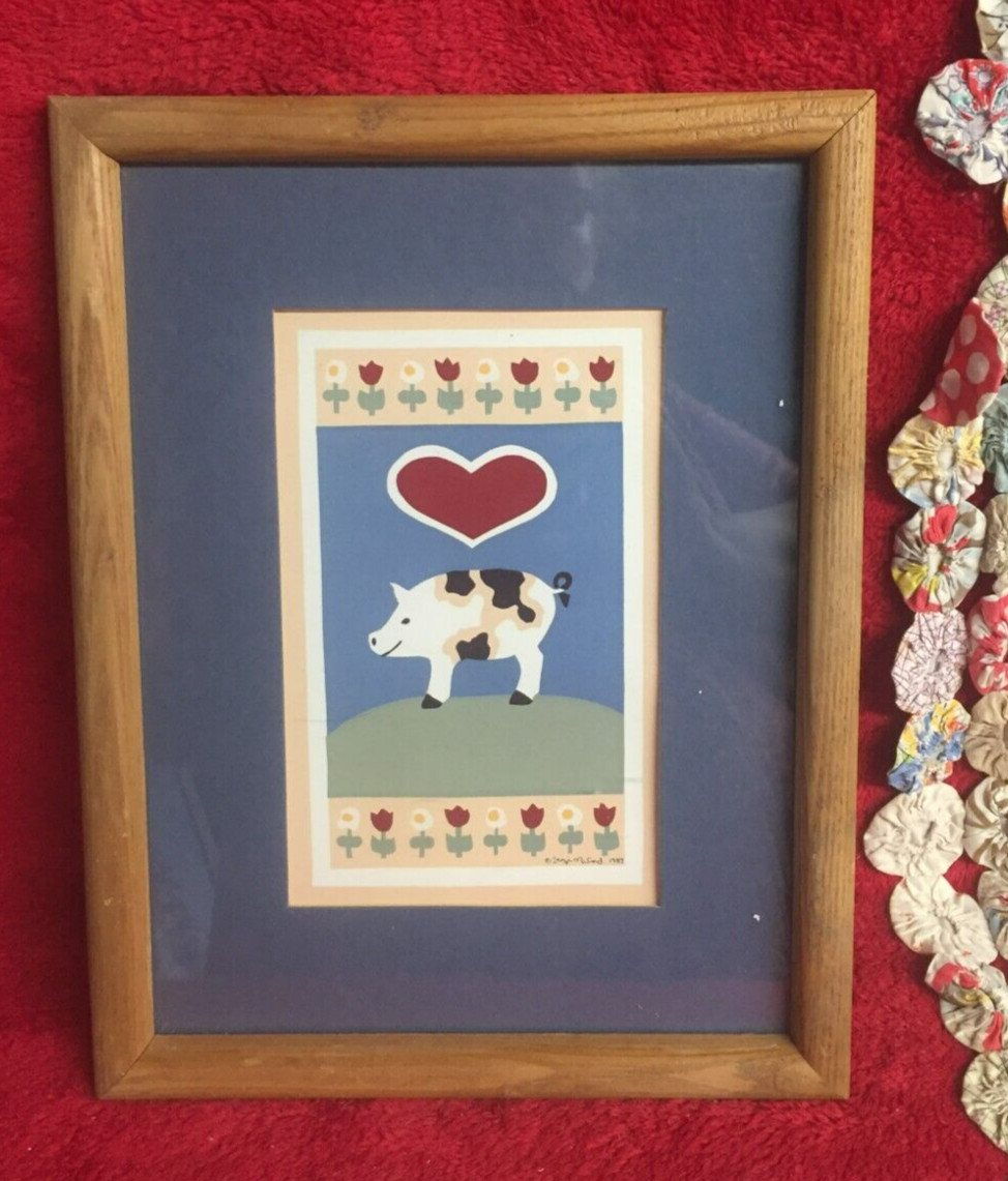Vtg Country Pig Print in Frame with Glass & Mat Heart & Floral Design