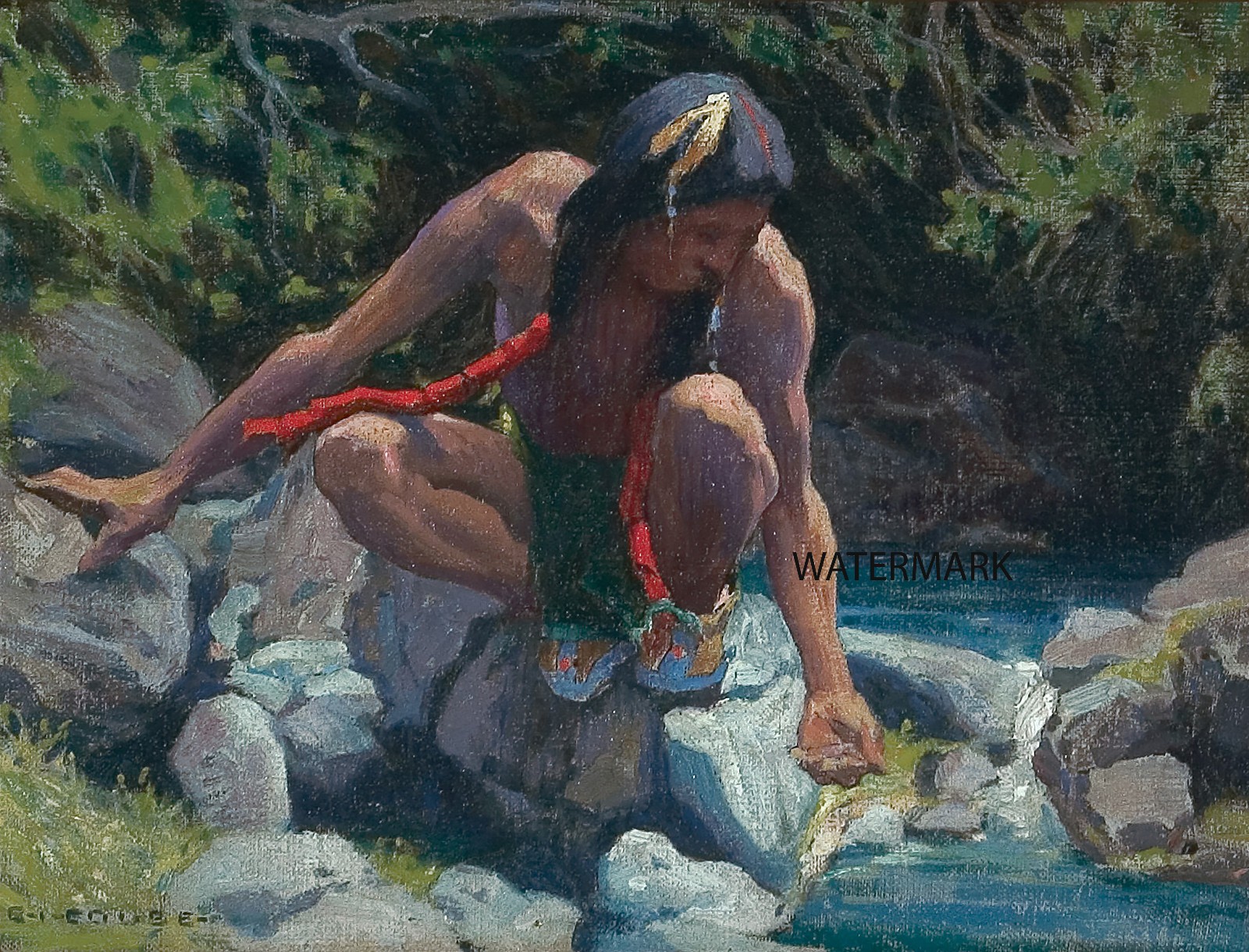 Eanger Irving Couse – American Indian 1915 DRINKING STREAM – 17×22 REPRODUCTION