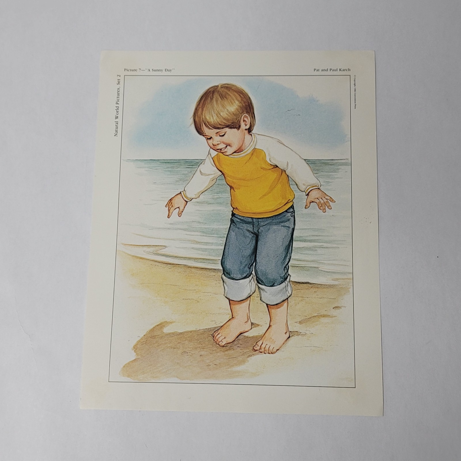1980s A Sunny Day Boy Barefoot on Beach Pat Paul Karch 1986 Nursery Decor