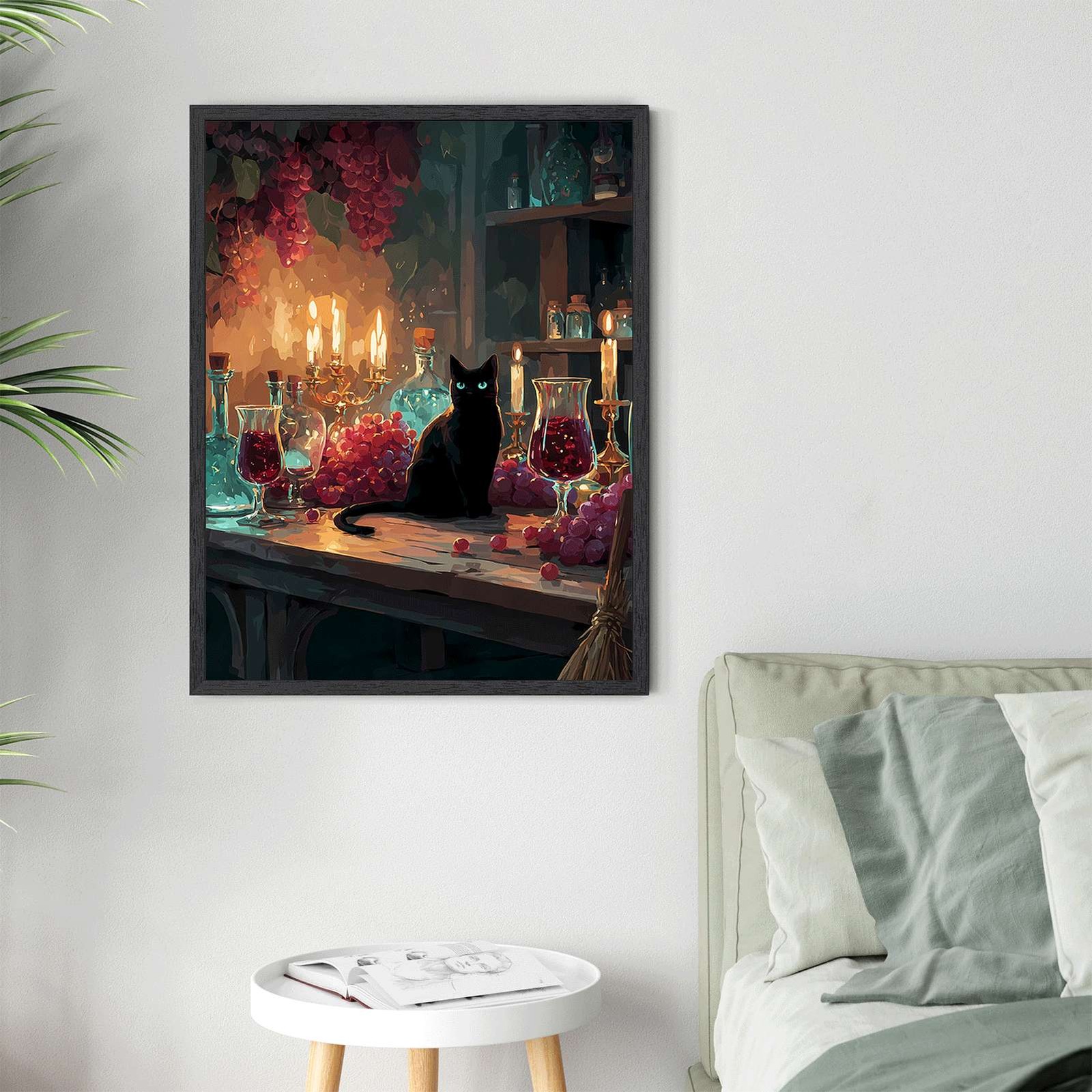 Black Cat Wine Grapes Wall Art Canvas Oil Paintings Reproduction