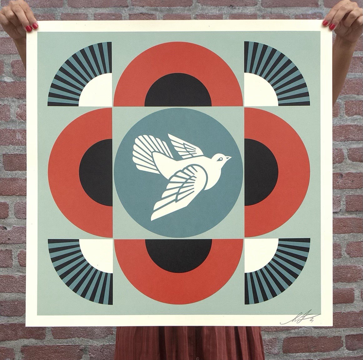 Shepard Fairey Geometric Dove Red Hand Signed Obey Giant Offset Lithograph Art