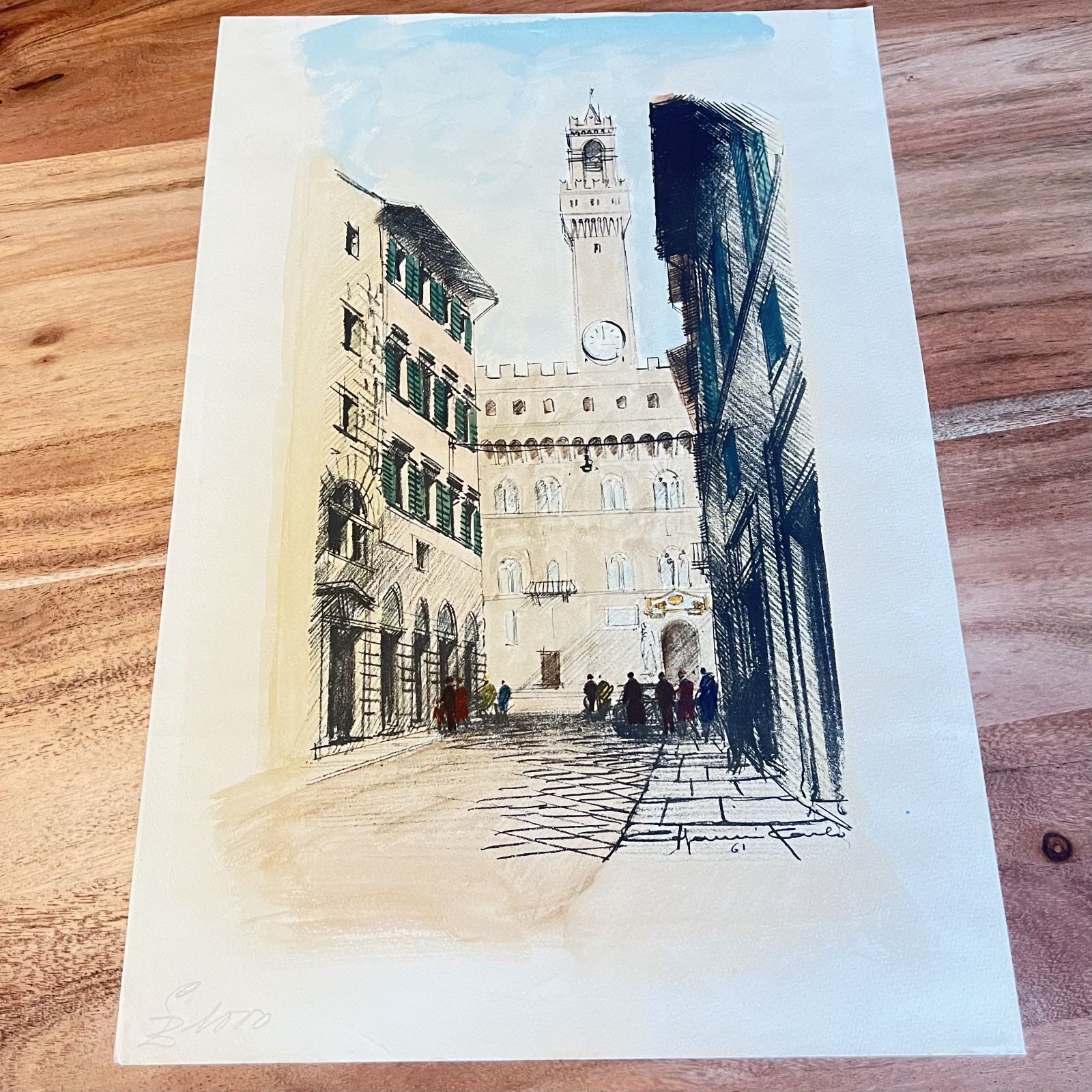 1961 Hand Colored Palazzo Vecchio Florence Italy Signed Print