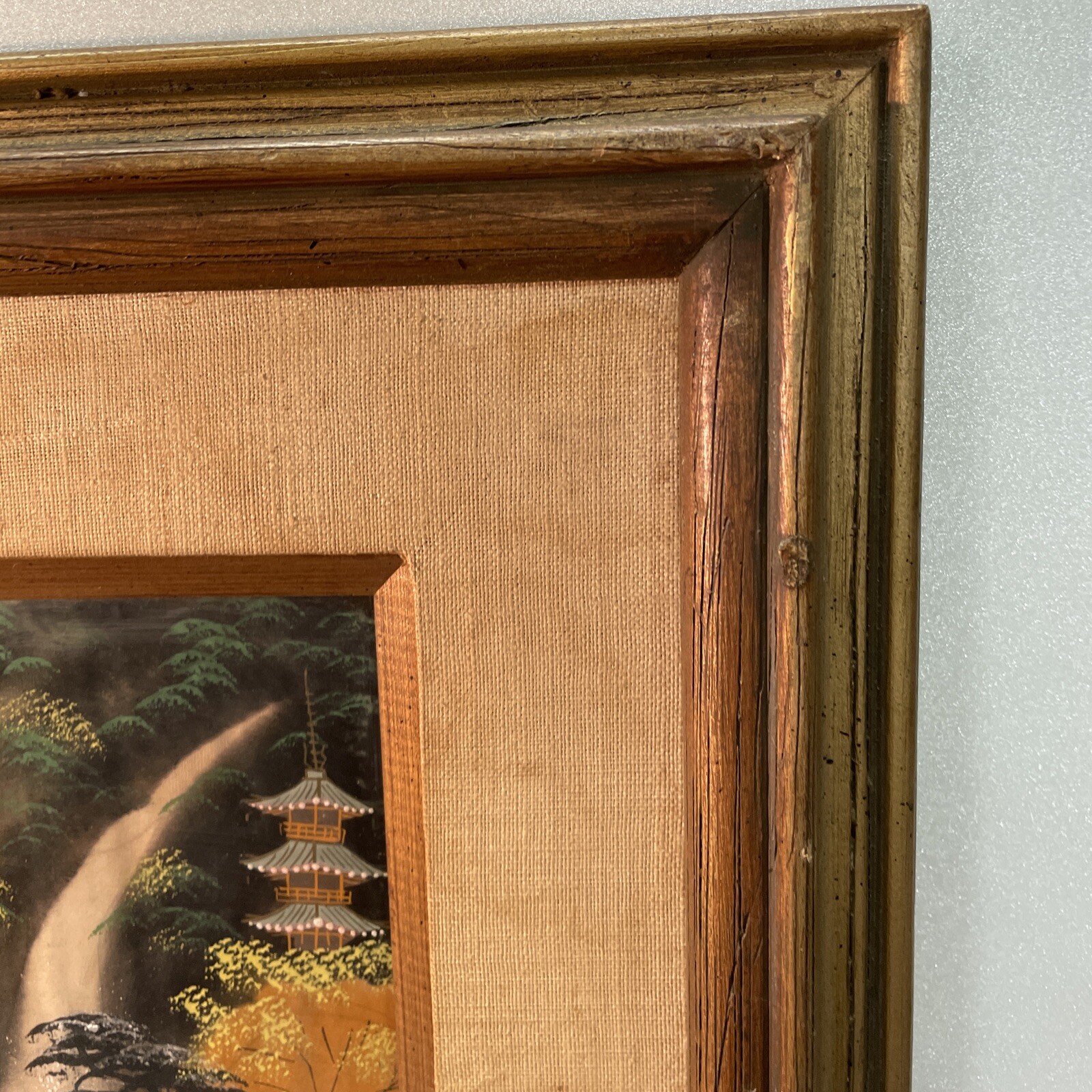 VINTAGE HAND PAINTED ON SILK?Waterfall Pagoda SIGNED Framed 17.5”x15.5”
