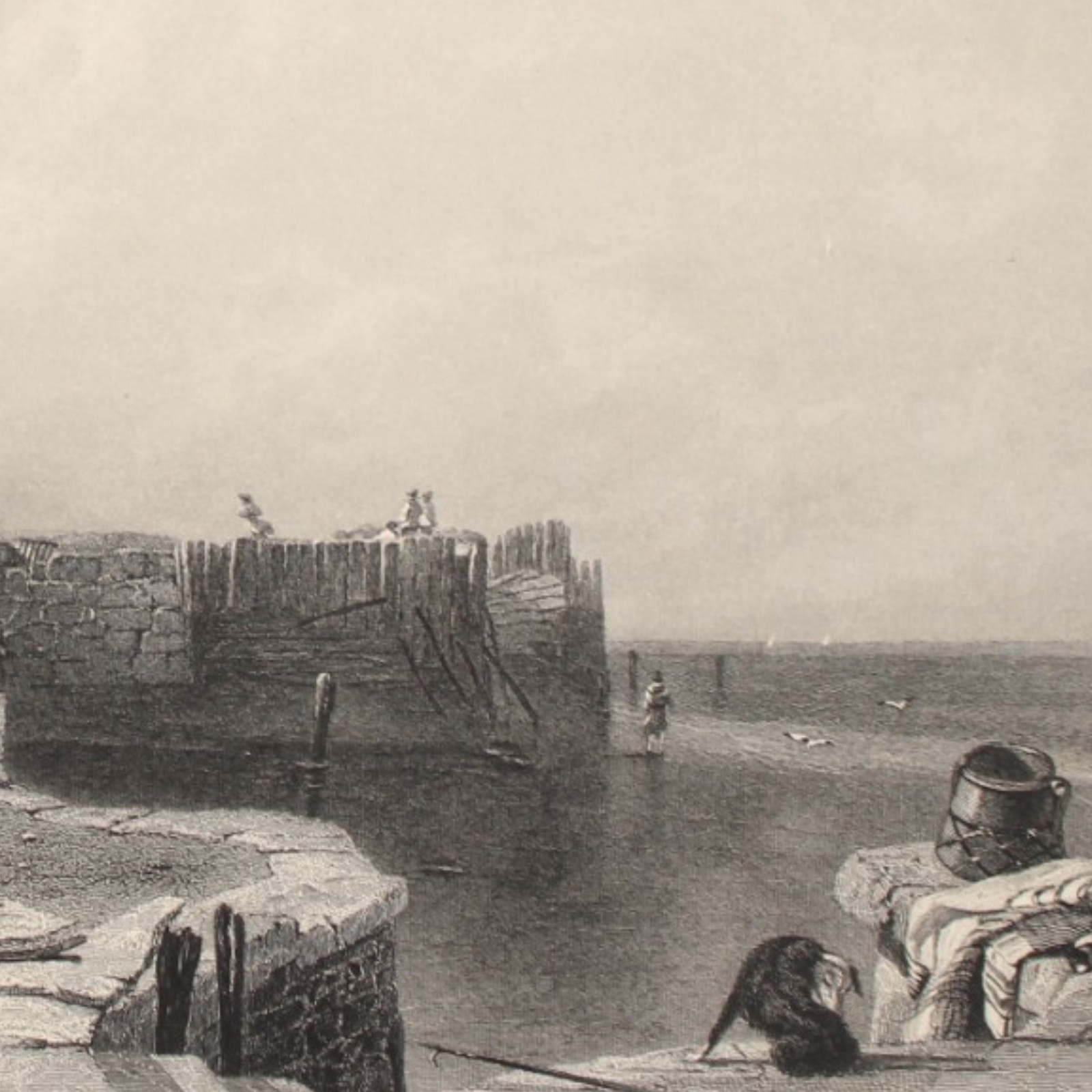 1849 Seascape Coastal Dock CALLCOTT Antique Engraving Victorian Era Art Print