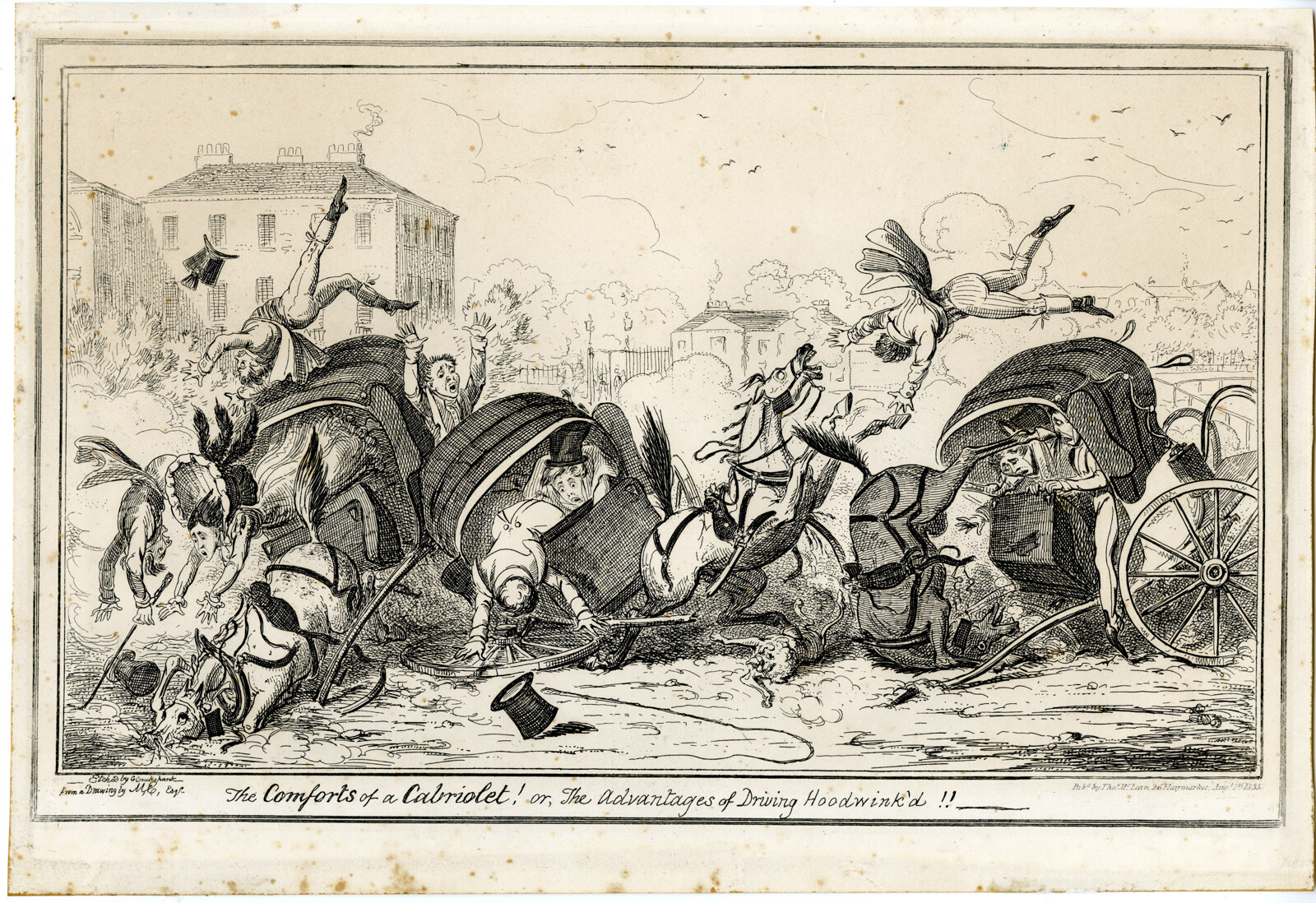 Antique Master Print-SATIRICAL-PRINT-COMFORTS-OF-CABRIOLET-Cruikshank-1835