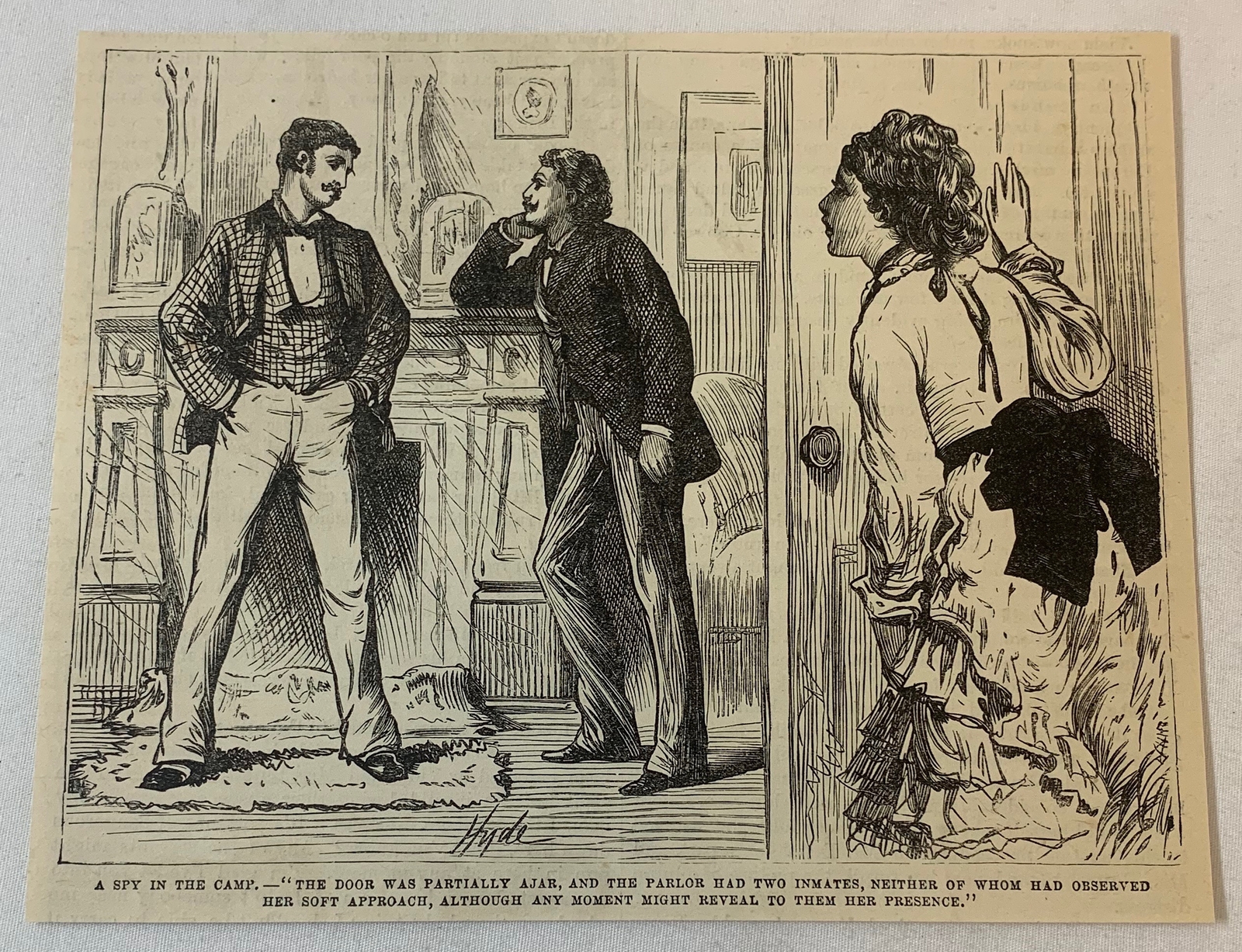 1879 magazine engraving~ WOMAN SNEAKS UP ON TWO MEN