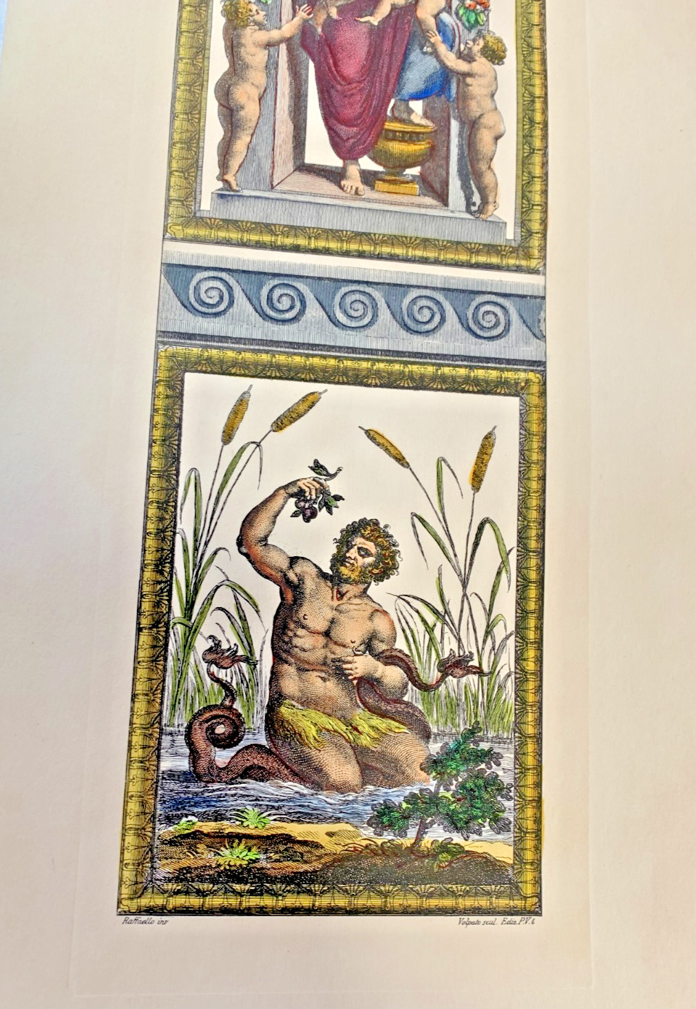 Antique TWO Italian Hand Colored LITHOGRAPH PRINTS Raffaello & Volpato PV & PV 6