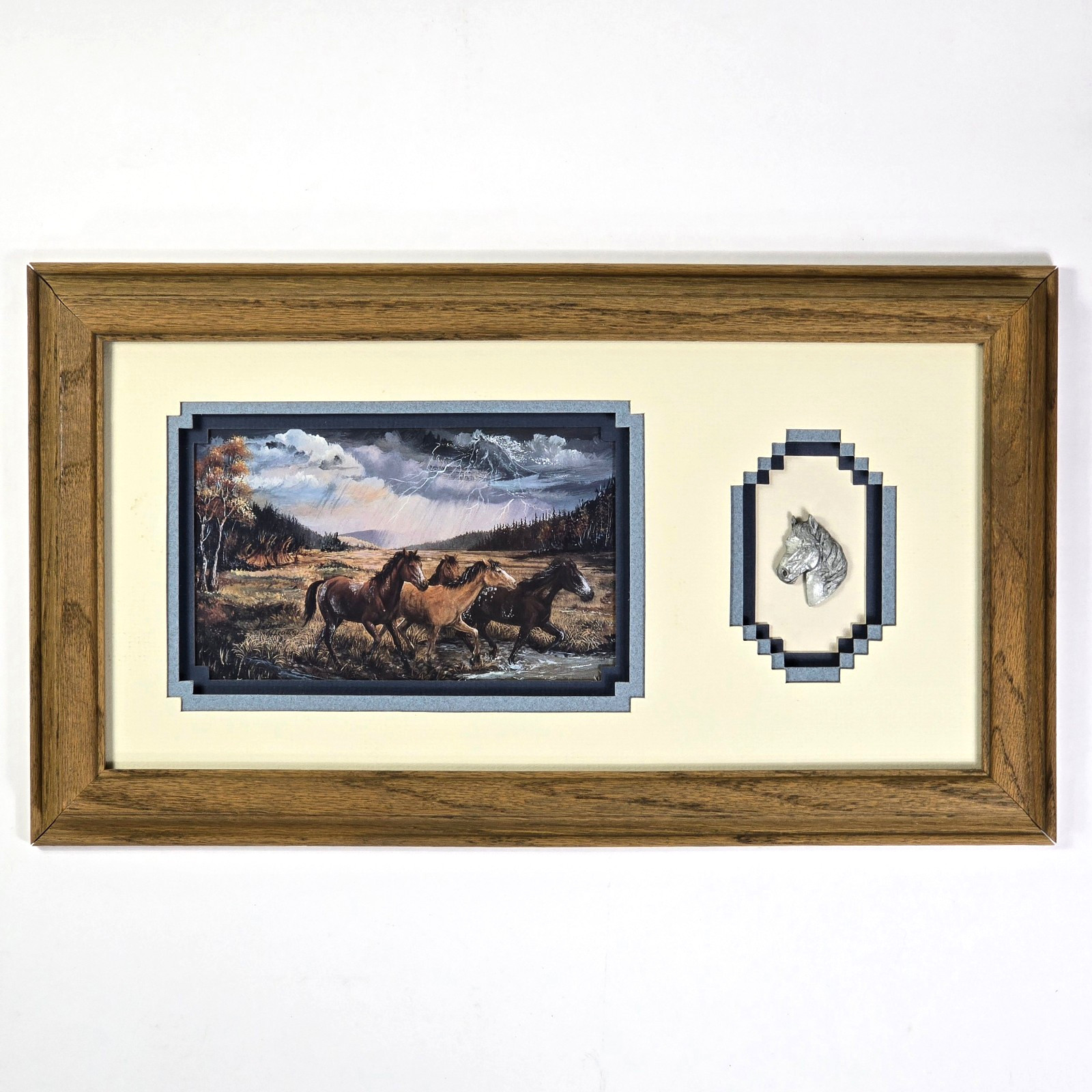 VTG Matted & Framed “Thundering Hooves” by Laverne Elliott w/ Pewter Horse Head