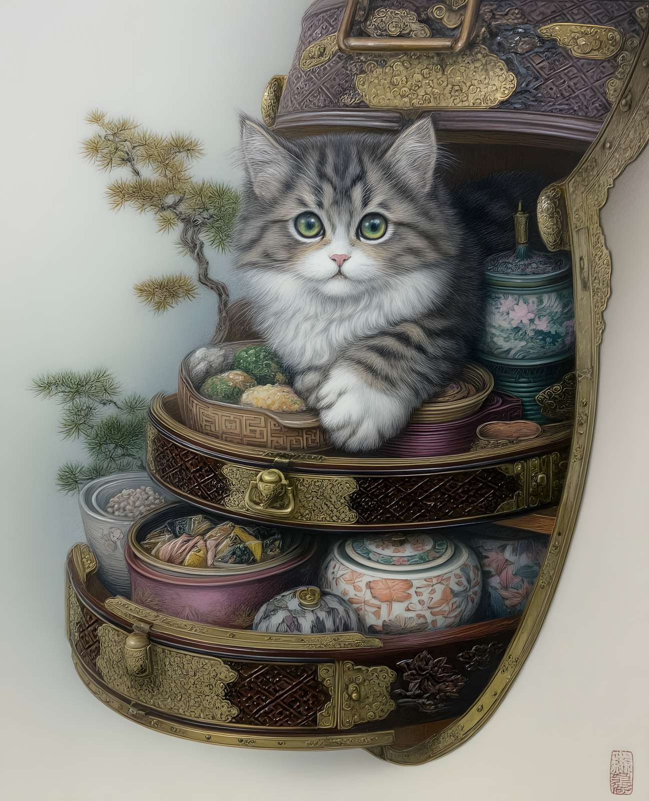 8×10 Cat On Top Of A Pile Of Tea Pots Art Print Wall Decor – 966283502