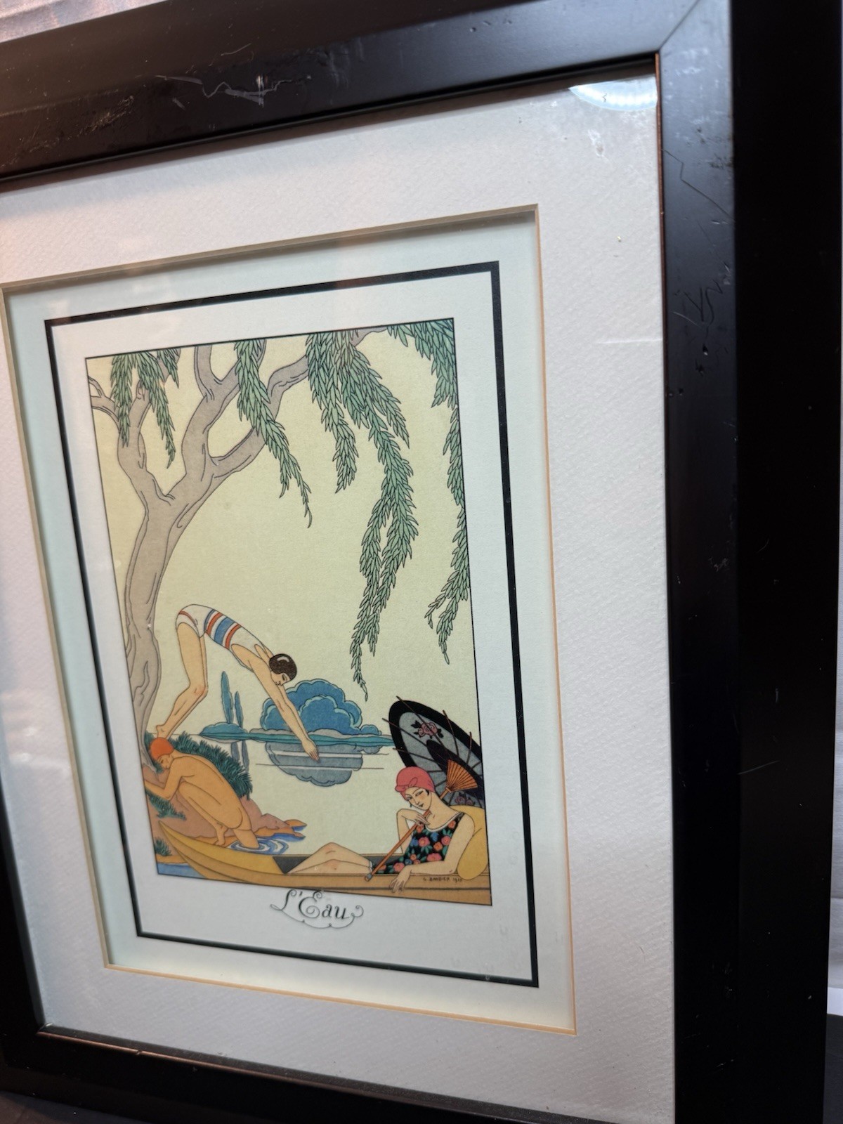 Framed Art Deco L’Eau Print After George Barbier 17.5×14 Wall Art