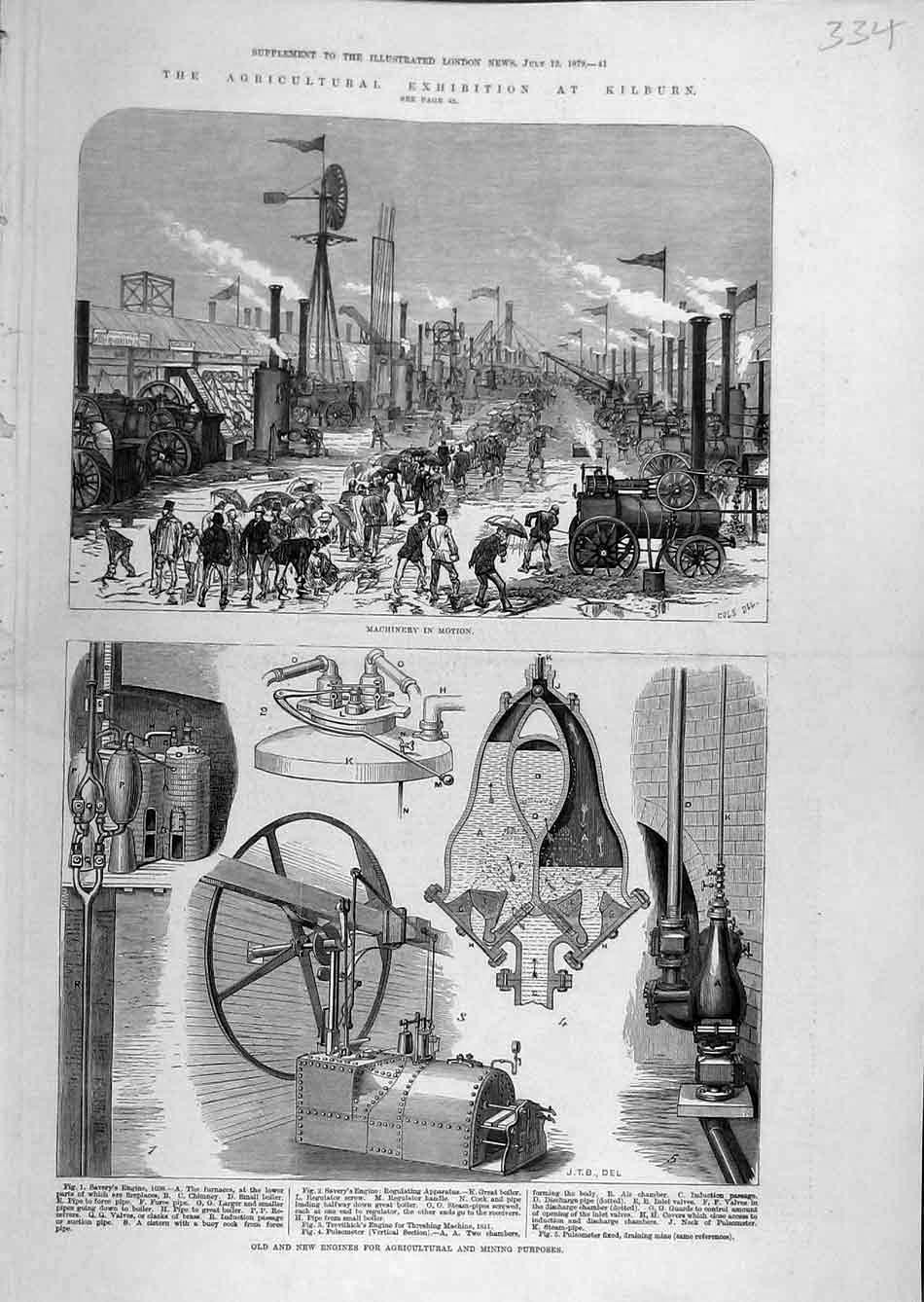 Original Old Antique Print 1879 Agricultural Exhibition Kilburn Machines Engines