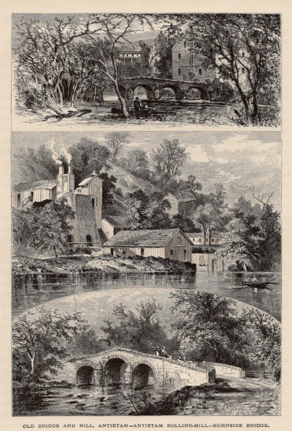 Antietam Bridges And Mill Maryland Civil War Scene 1872 Antique Engraving