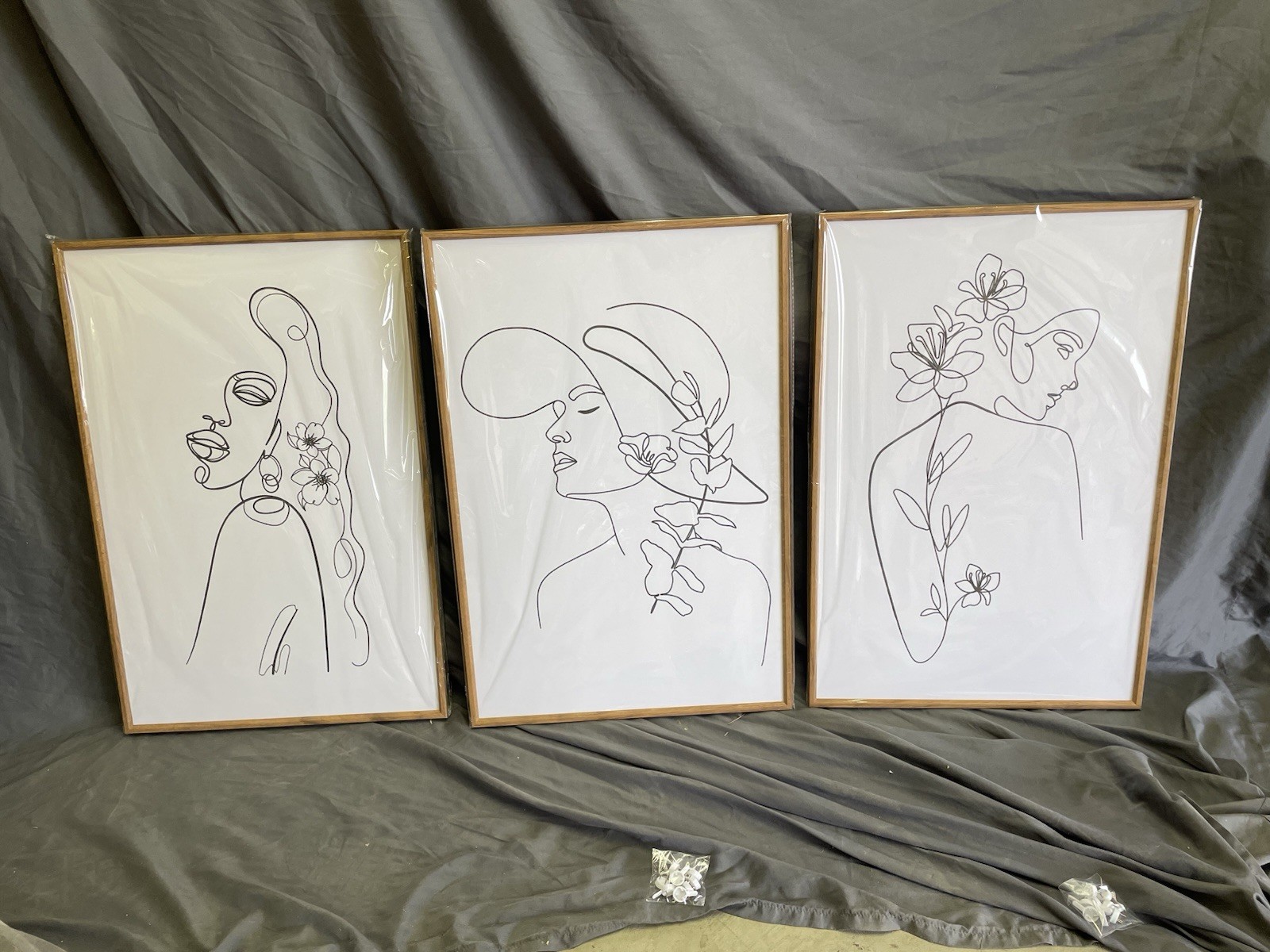 Framed Black & White Minimalist Woman Face Line Art, Portrait 24 x 16in Set Of 3