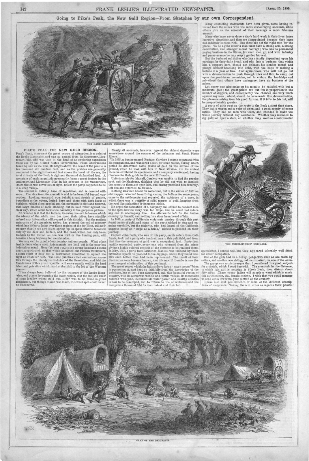 Going to Pike’s Peak, the New Gold Rush Region – 2 Pages – 6 Vignettes – 1859
