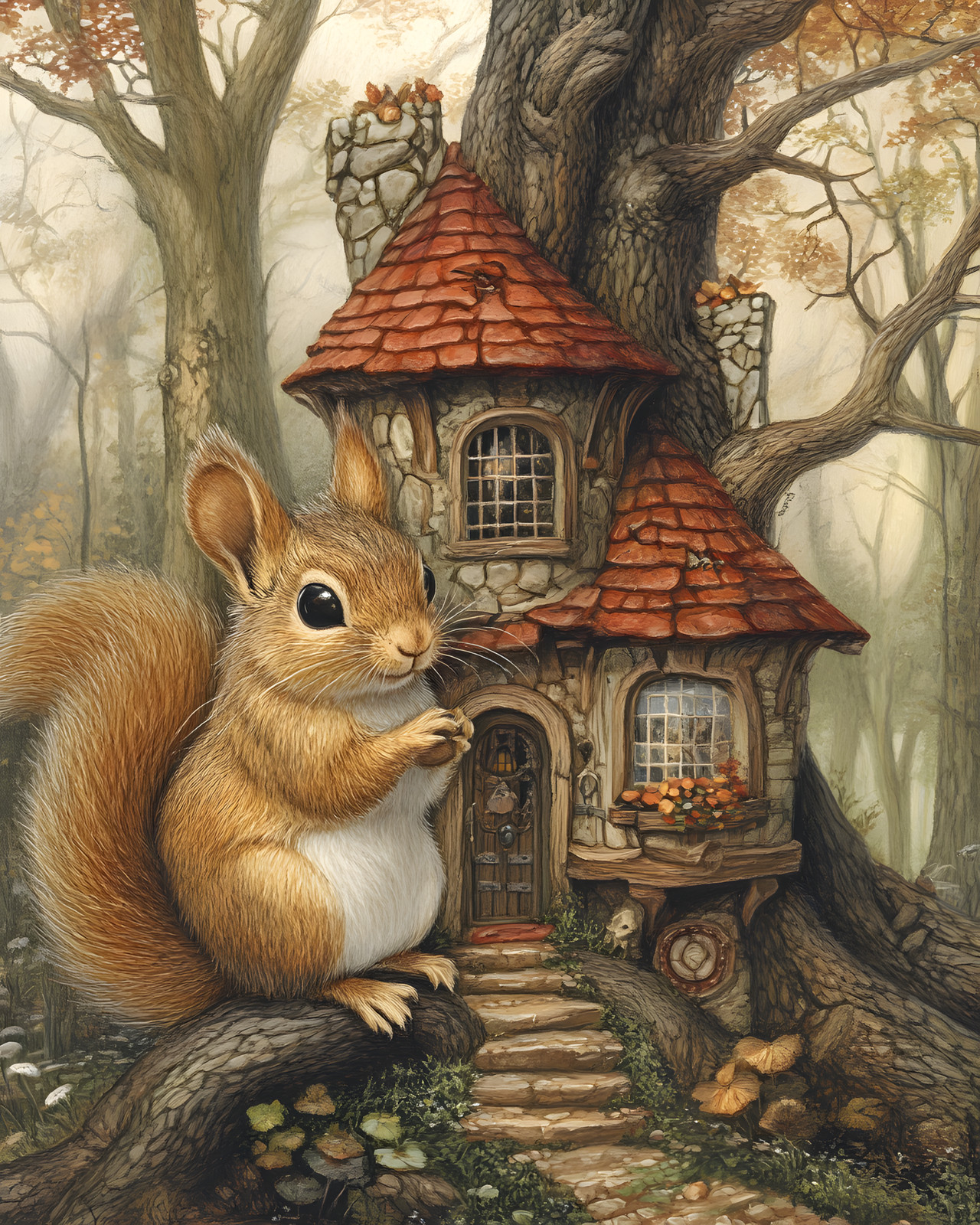 8×10 Cozy Storybook Squirrel Sitting on Tree Stump Art Print – 780661961