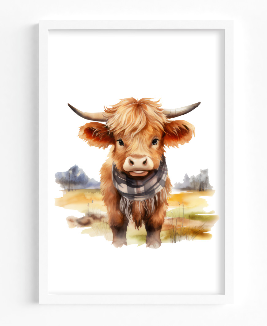 Cow Art Print, Highland Cow With Scarf Art Print, Farmhouse Wall Art Decor