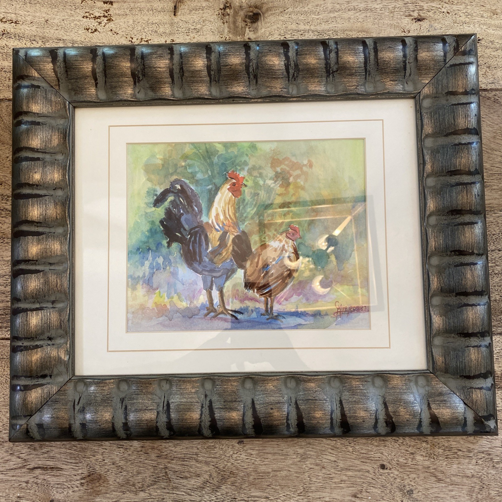 Original ROOSTER WATERCOLOR PAINTING Foul Friends Art Signed Carol Myers