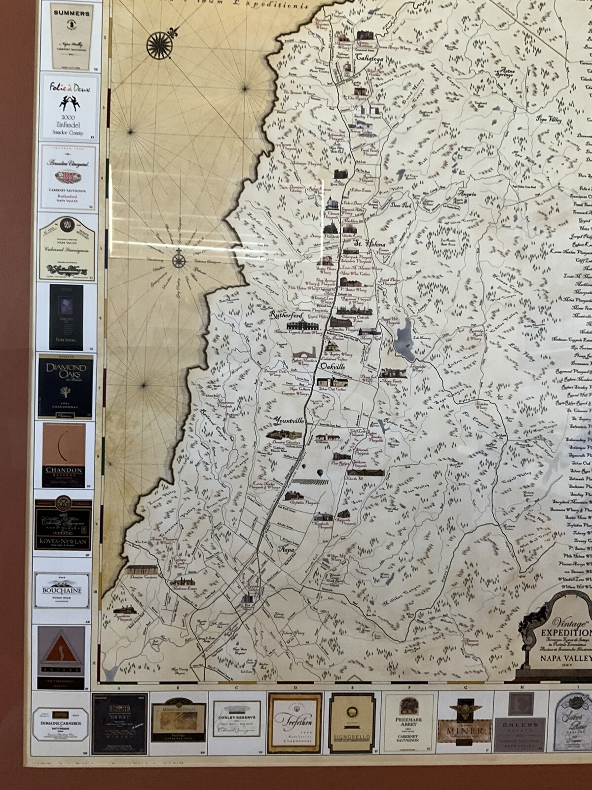 NAPA VALLEY Winery Map Colored MATTED/FRAMED 32.7 in 26.5 in VINTAGE