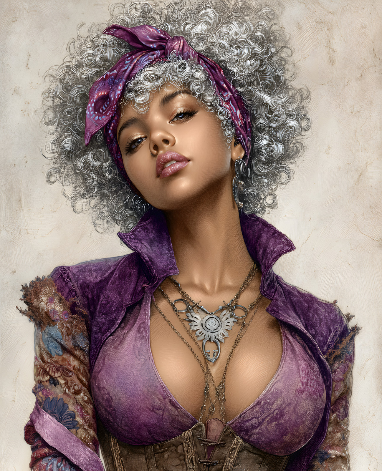 Silver-Haired Woman in a Purple Corset with a Headscarf Print – 739019122