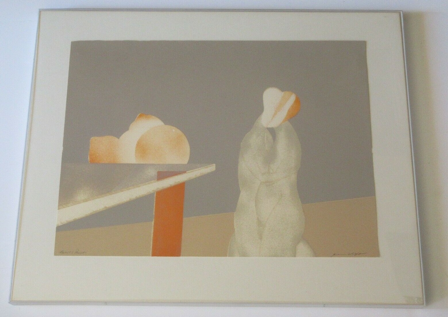 SIGNED MYSTERY ARTIST LITHOGRAPH ABSTRACT SURREALISM NUDE FIGURES AND FRUIT VNTG