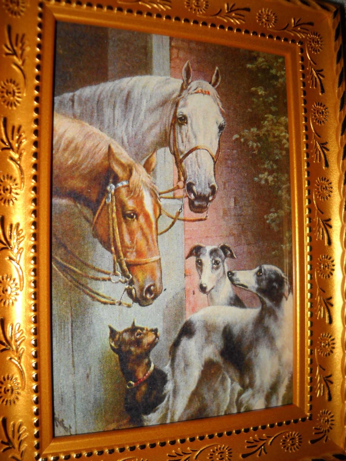 DOGS HORSES FRIENDS 3 X 5 gold framed animal picture Victorian style art print