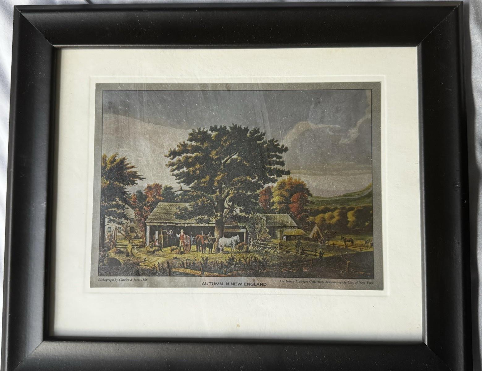 Currier & Ives MCM Foil Etched Print, “Autumn in New England” Matted & Framed