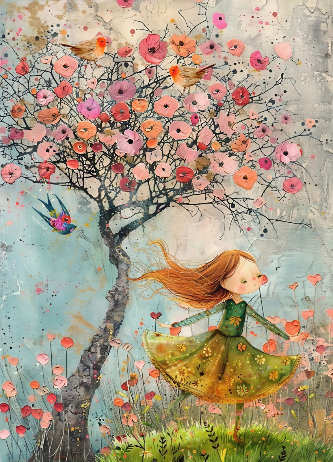 ACEO Spring Dance artist trading card whimsical girl forest scene 2.5×3.5 ATC