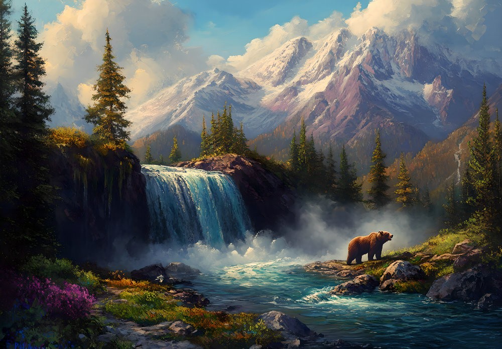 Classical Bear Mountains Waterfall Landscape Oil painting Canvas Print Art Decor