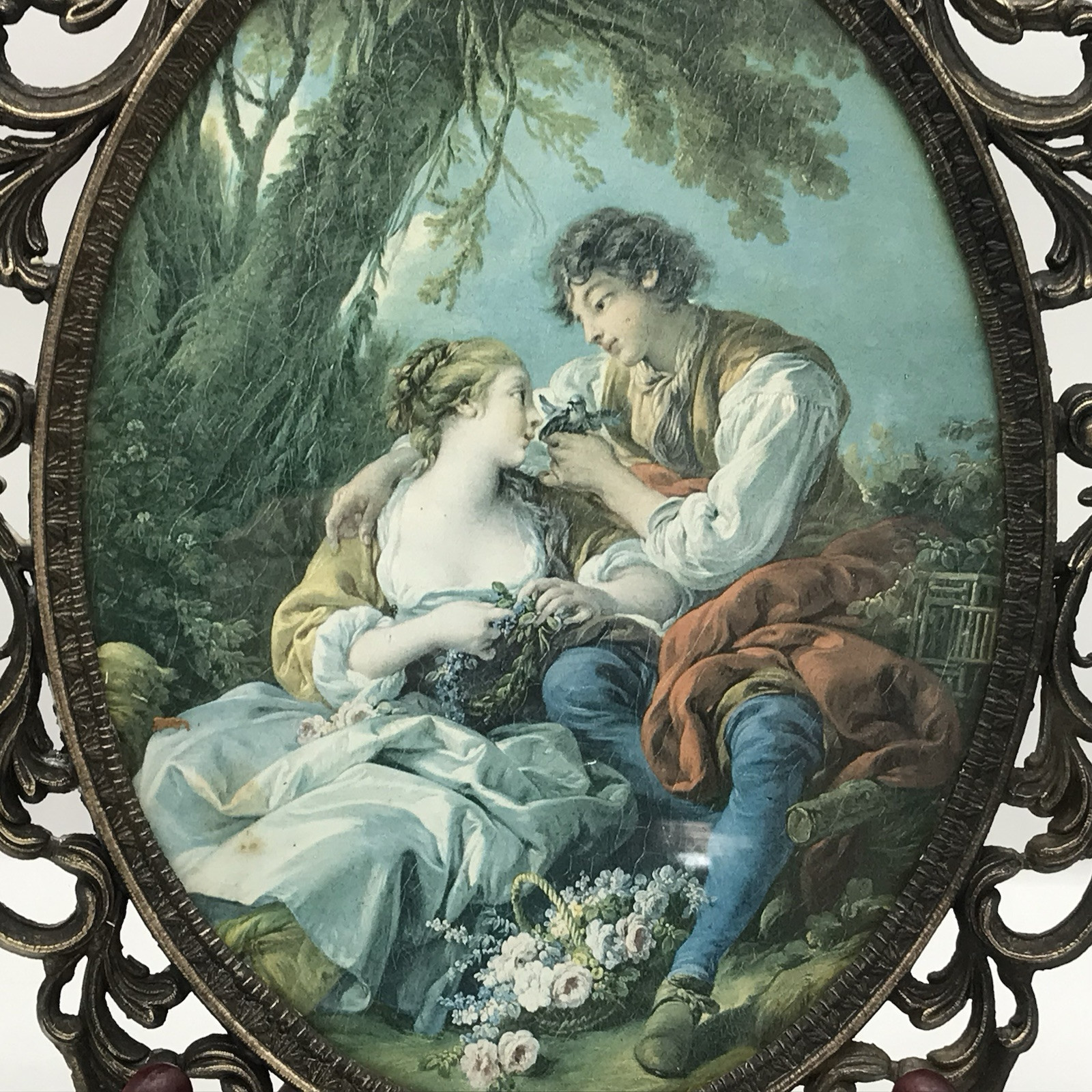 Vtg Baroque Heavy Brass Filigree Framed Print Oval Italy Courting Couple 12.5”