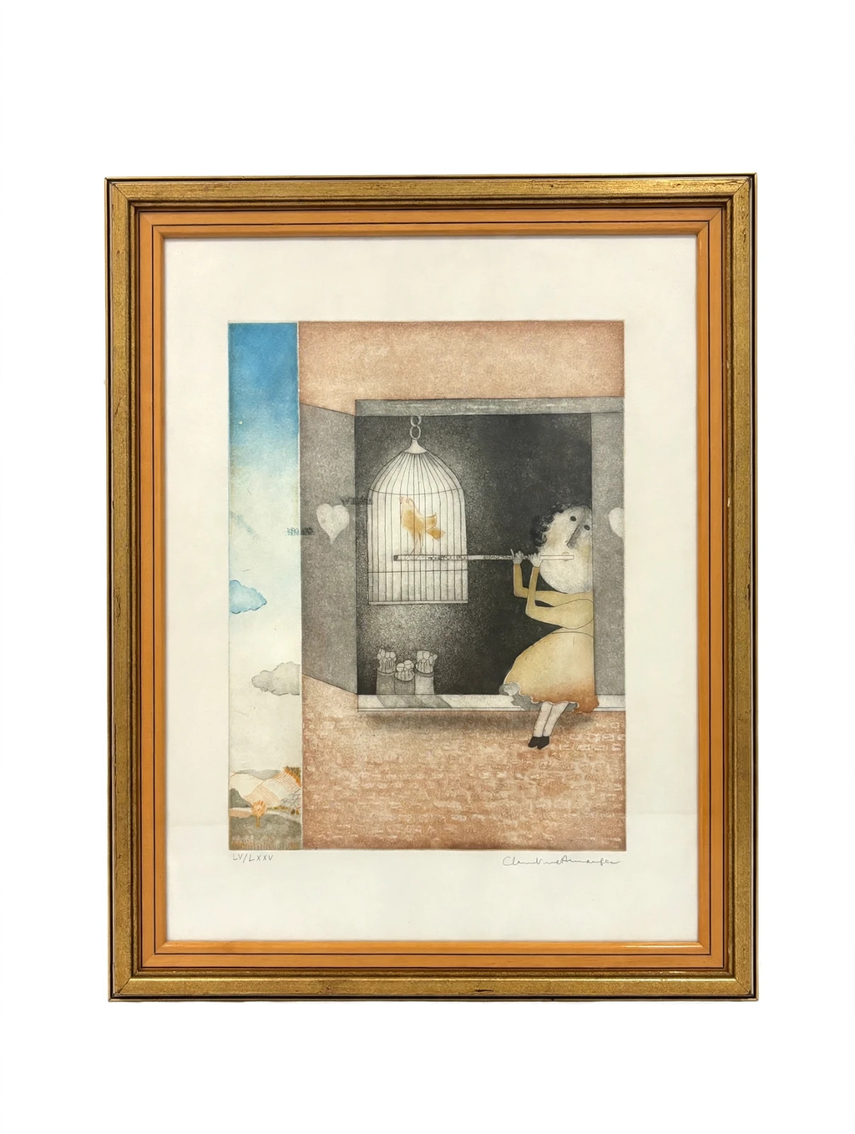 “Flautist and Red Bird” Aquatint etching signed by Christine Amarger with COA