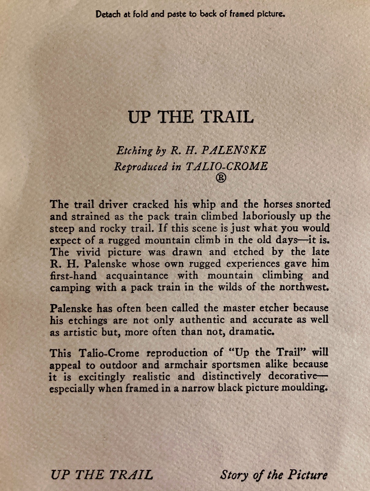 UP THE TRAIL Black And White Etching From Artist R.H Palenske Talio-Crome Print