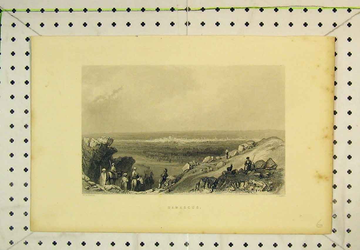 Original Old Antique Print View Damascus Town Men Horses Mountain Goats