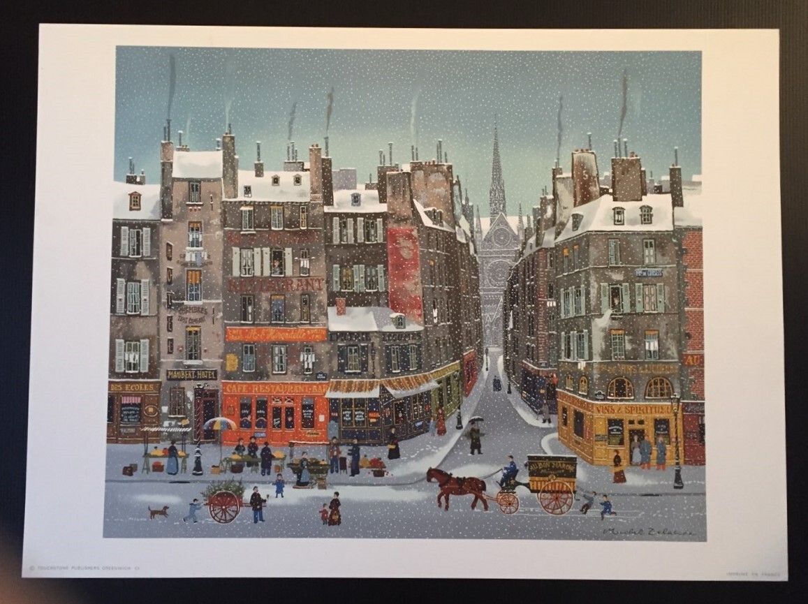 MICHEL DELACROIX LITHOGRAPH LA FLECHE DE NOTRE DAME SNOWY PARIS STREET SCENE
