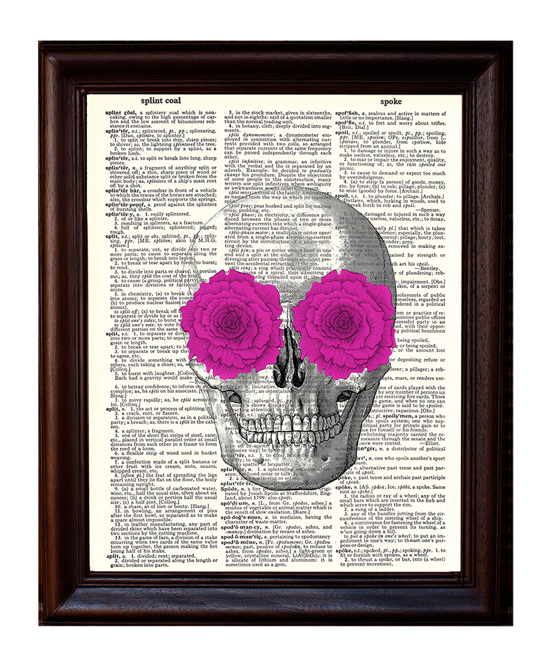 Skull with Pink Flowers – Dictionary Art Print Printed On Authentic Vintage Page