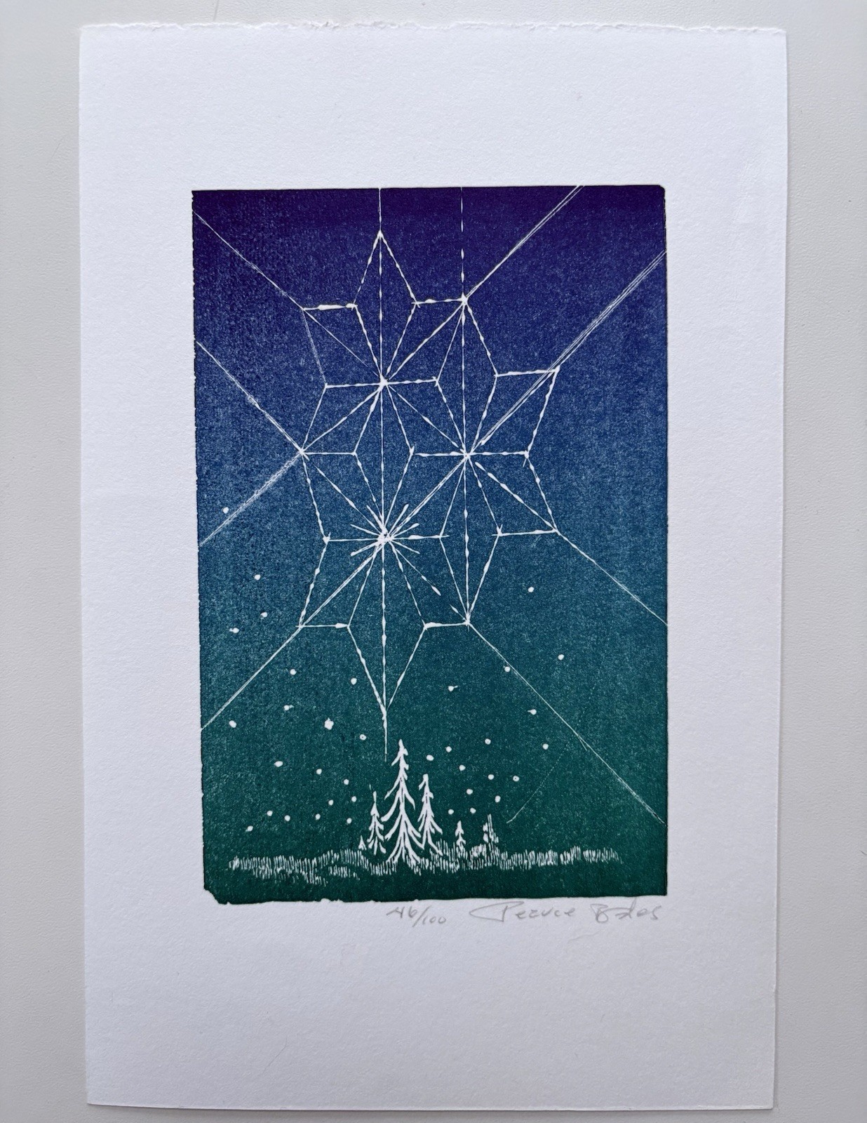 Vintage Pearce Bates Original Color Woodblock Art Print Winter Night Not Framed