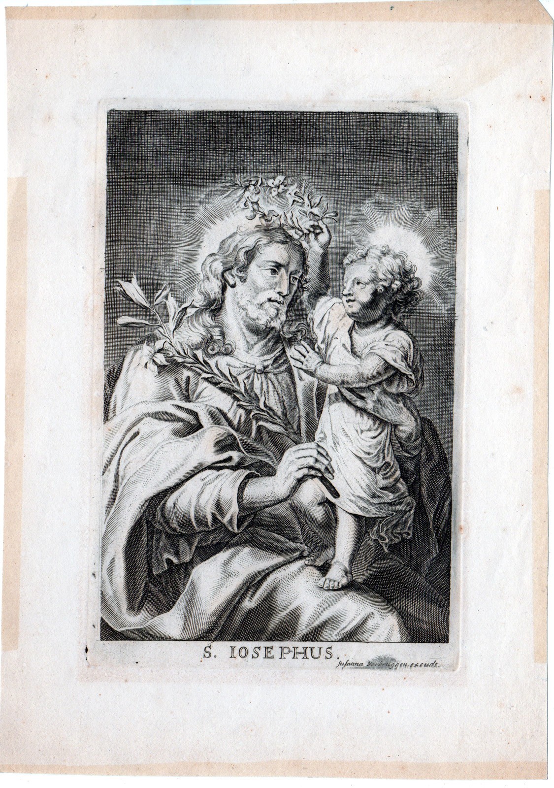 Antique Master Print-PORTRAIT-SAINT JOSEPH-RELIGION-CHILD JESUS-Verbruggen-c1730
