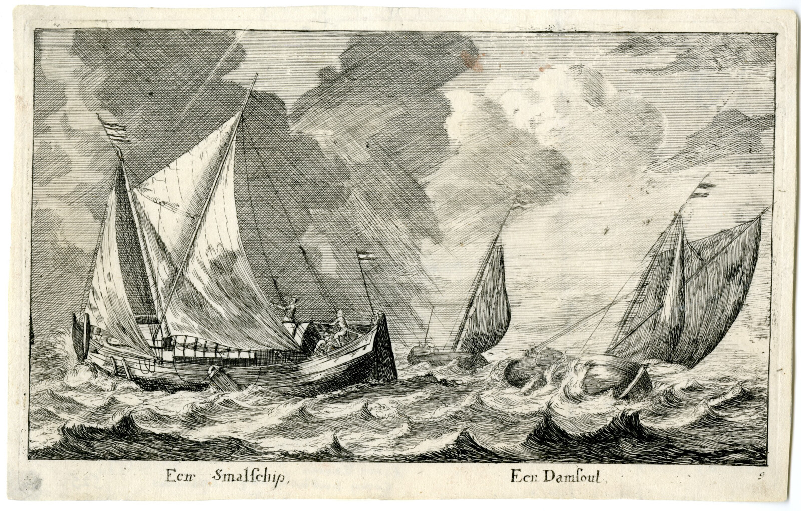 Antique Master Print-SMALSCHIP-DAMSCHUIT-SHIPS-BOAT-STORM-Nooms-c.1652-1654