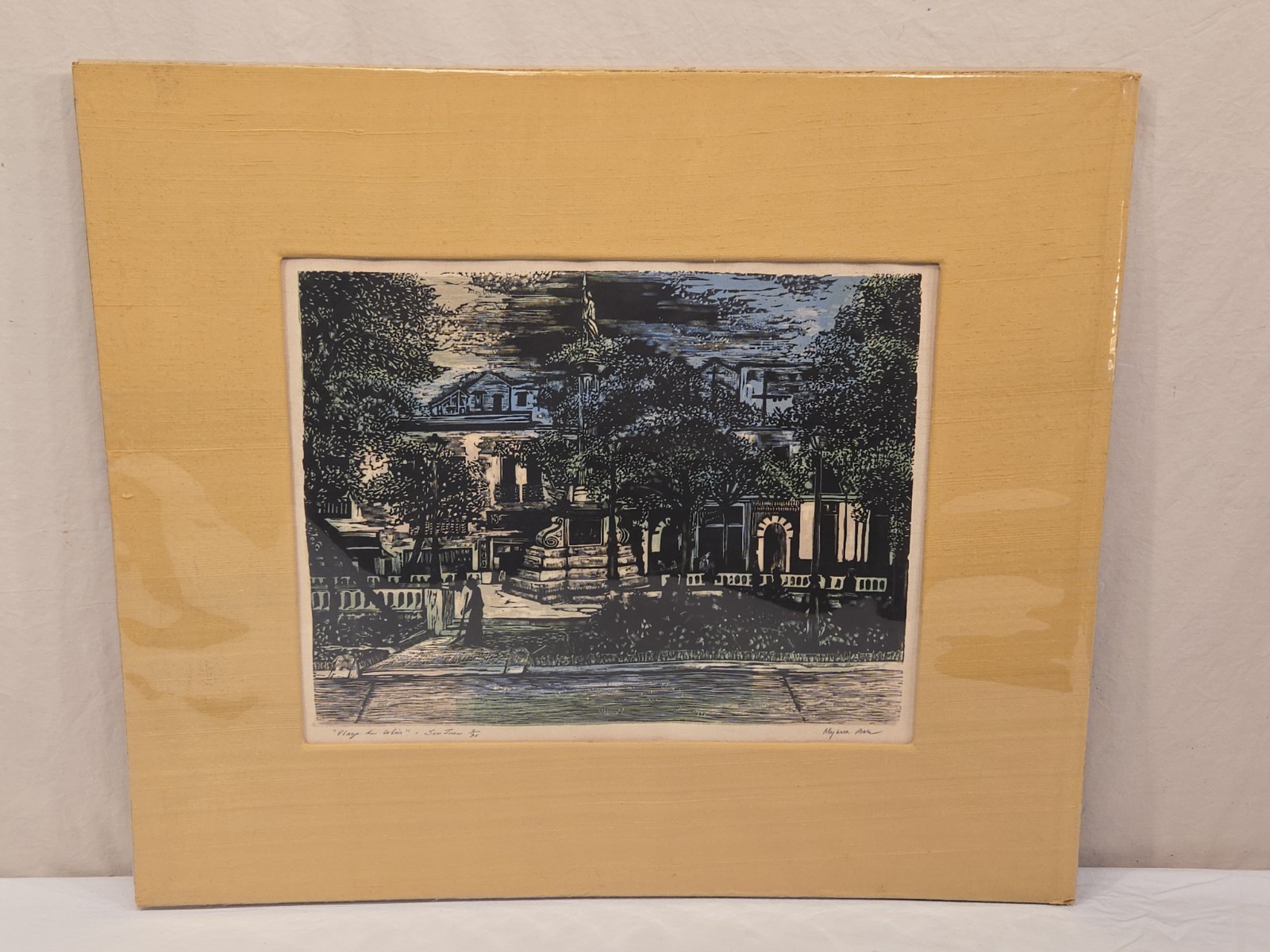 1950s MYRNA BAEZ SIGNED NUMBERED INTAGLIO ART PRINT PLAZA DE COLON SAN JUAN VTG