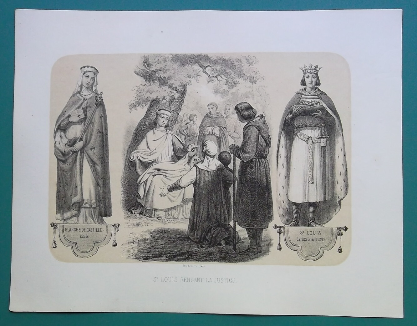 HISTORY King Louis IX Renders Justice + Queen Blanche – 1861 Litho Print