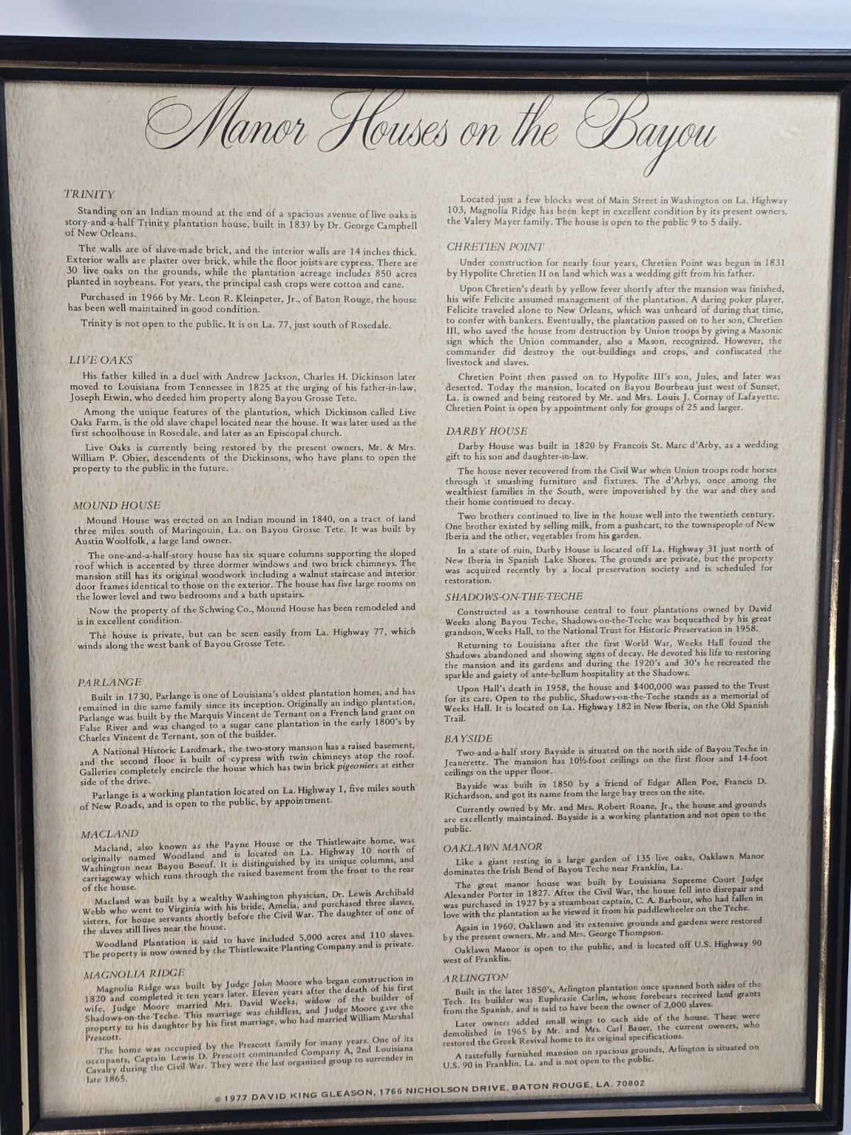 Manor Houses On The Bayou List And Description Framed By David King Gleason 1977