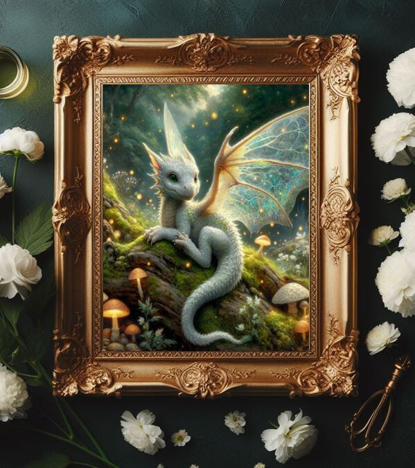 Iridescent White Baby Forest Dragon Fantasy Vintage Painting print portait art