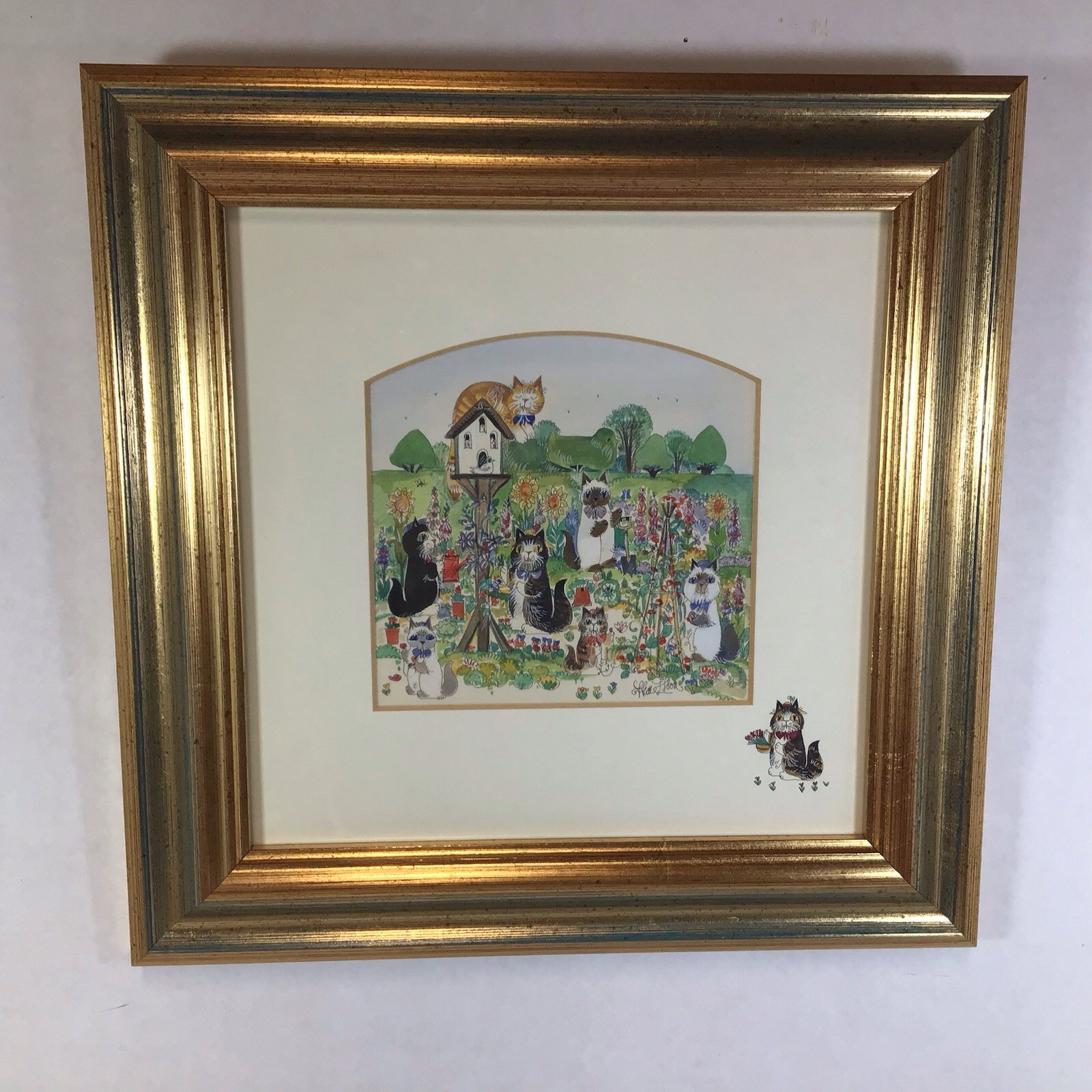 Diane Elson Feline Artist Signed Art Watercolor Print Cats In The Garden Framed